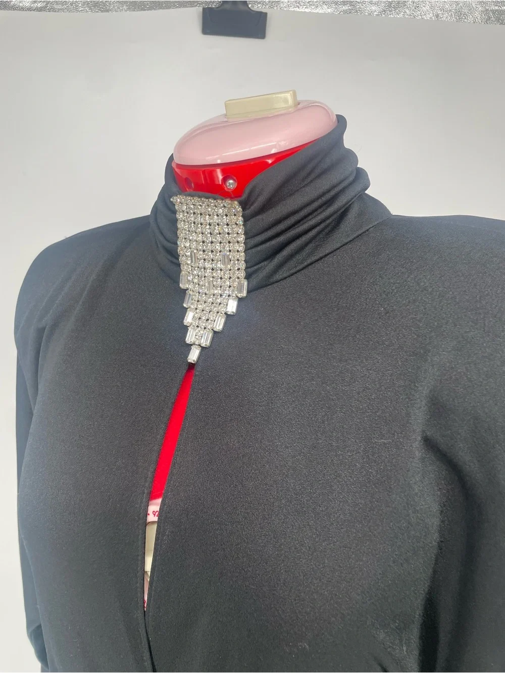 80s Dramatic Shoulder Pad Open Back Long Sleeve Jumpsuit Rhinestone Detail